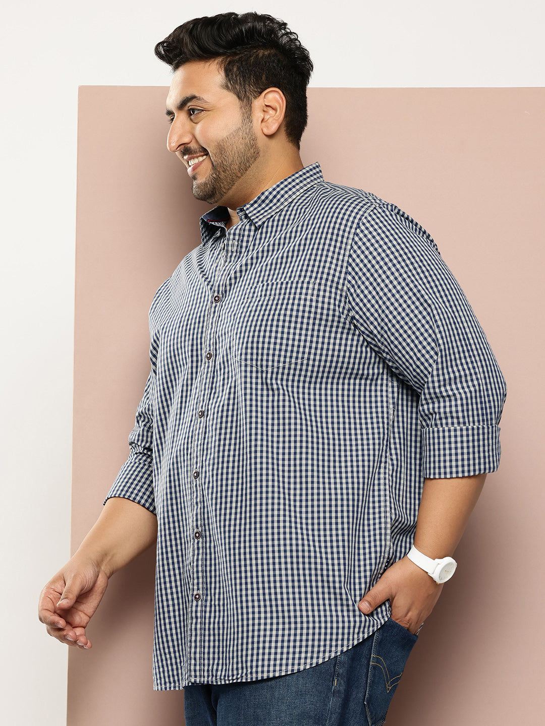 Thomas Scott Men Navy Plus Size Regular Fit Long Sleeves Gingham Checks Woven Casual Shirt