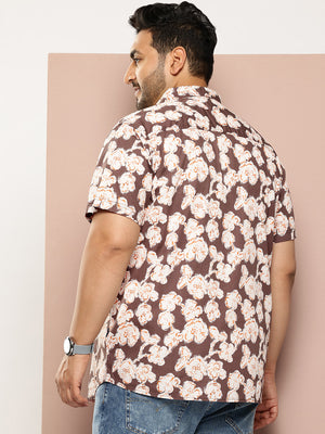 Thomas Scott Men Brown Plus Size Regular Fit Short Sleeves Floral Printed Woven Casual Shirt