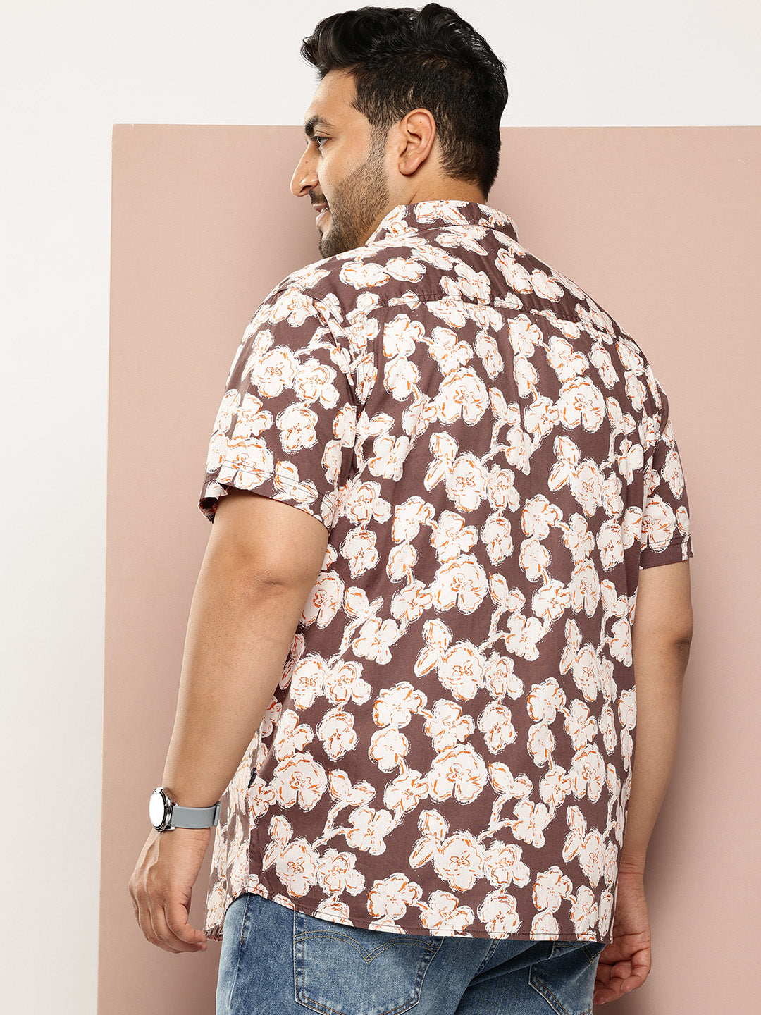 Thomas Scott Men Brown Plus Size Regular Fit Short Sleeves Floral Printed Woven Casual Shirt