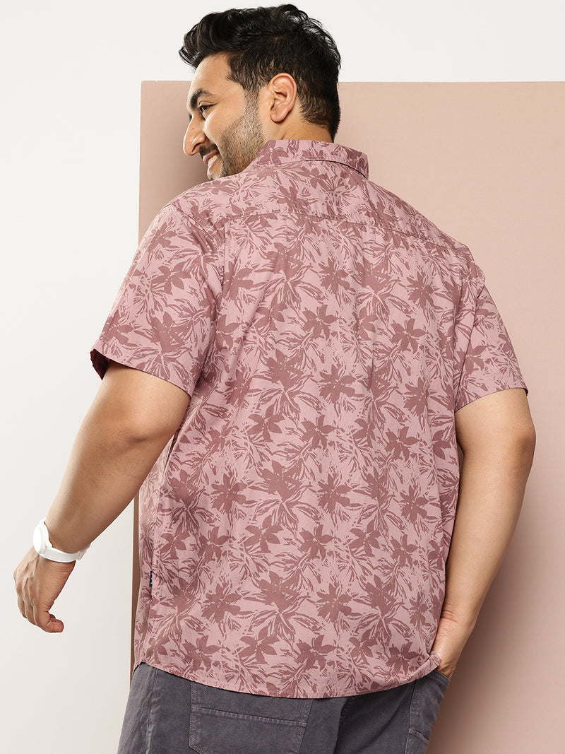 Thomas Scott Men Pink Plus Size Regular Fit Short Sleeves Spread Collar Floral Print Woven Casual Shirt
