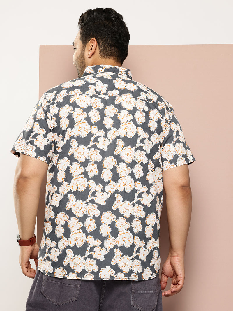 Thomas Scott Men Grey Plus Size Regular Fit Short Sleeves Floral Printed Woven Casual Shirt