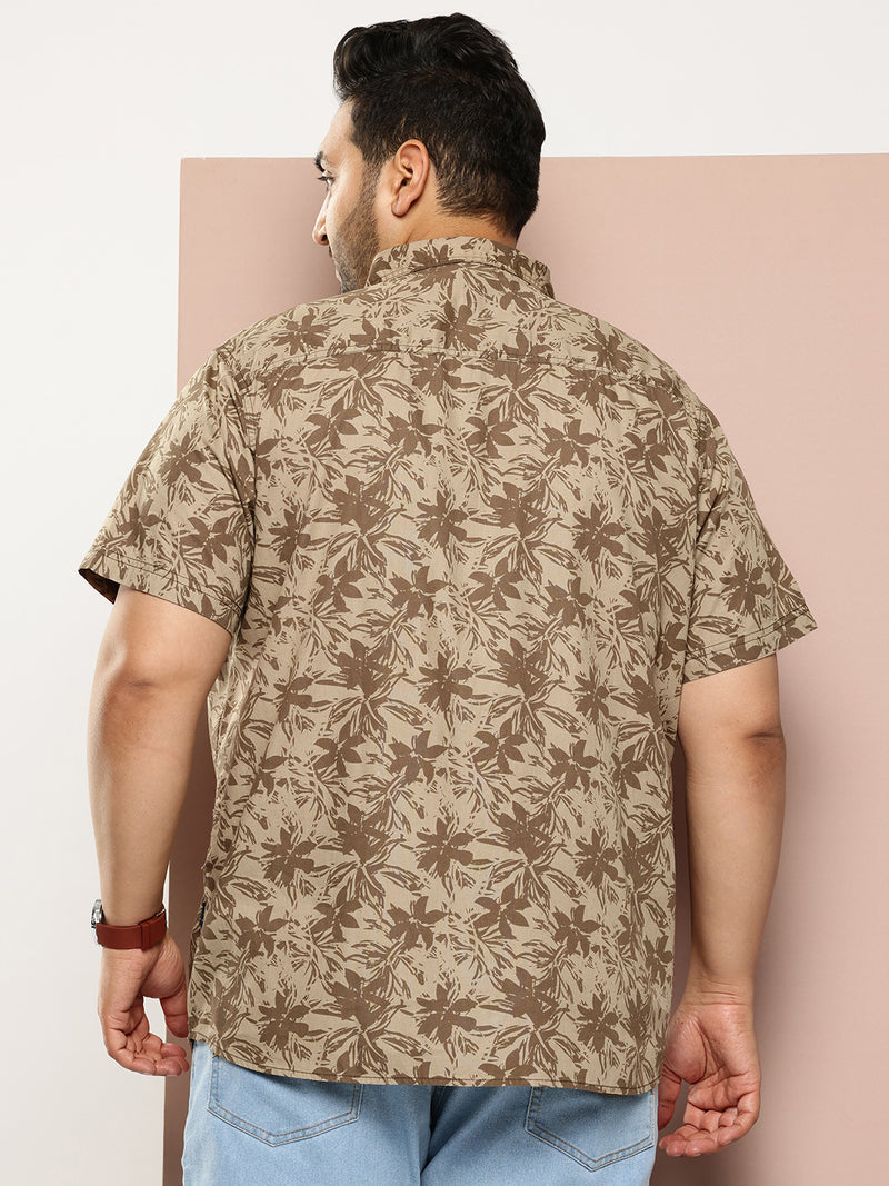 Thomas Scott Men Olive Plus Size Regular Fit Short Sleeves Spread Collar Floral Print Woven Casual Shirt