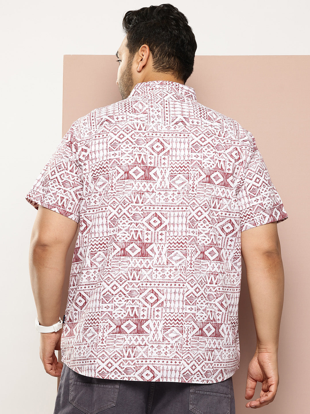 Thomas Scott Men Red Plus Size Regular Fit Short Sleeves Geometric Print Woven Casual Shirt
