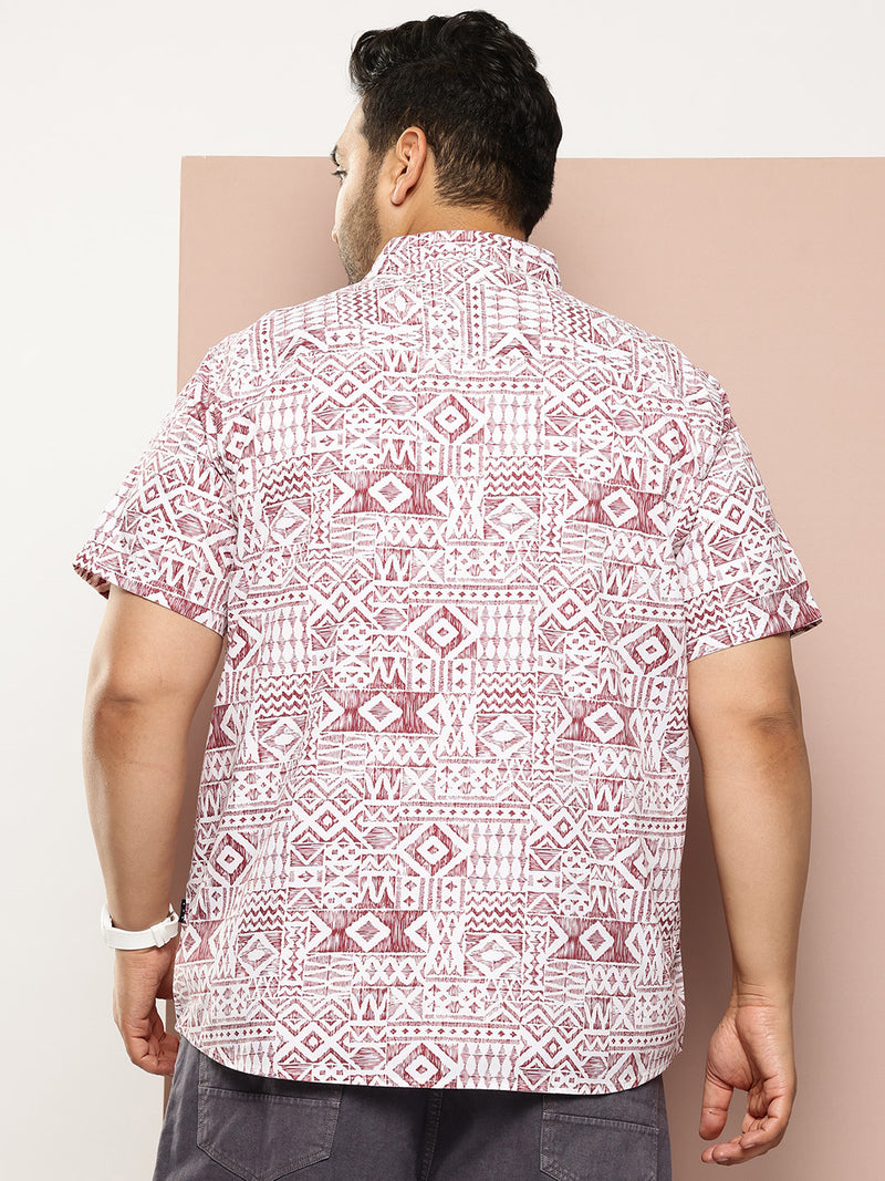 Thomas Scott Men Red Plus Size Regular Fit Short Sleeves Geometric Print Woven Casual Shirt