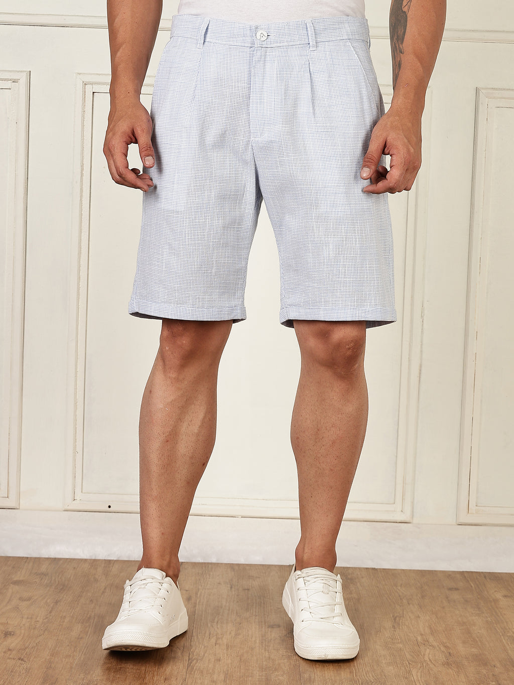 Thomas Scott Men Blue Mid-Rise Straight Fit Micro Checks Woven Linen Shorts