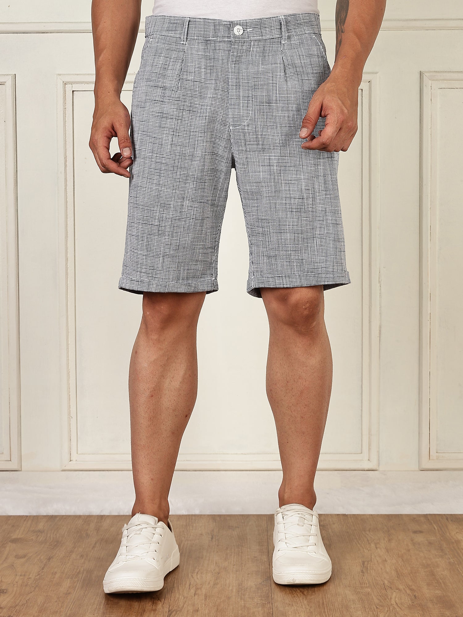 Thomas Scott Men Navy Mid-Rise Straight Fit Micro Checks Woven Linen Shorts