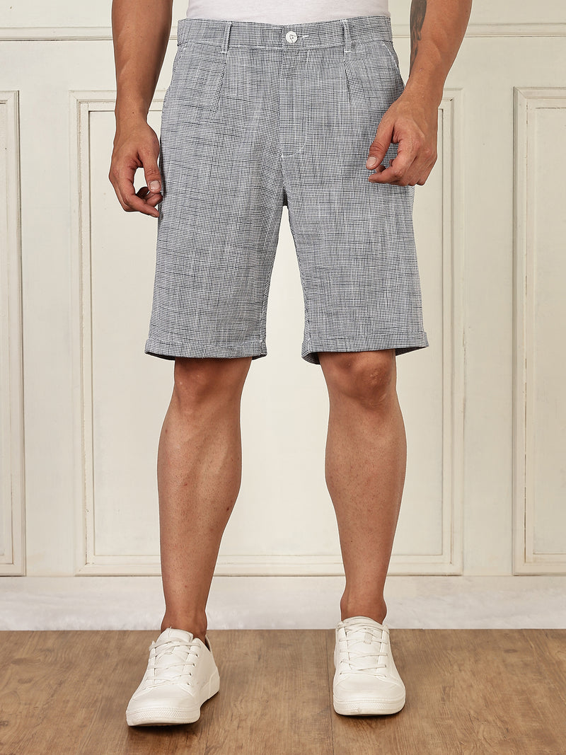 Thomas Scott Men Navy Mid-Rise Straight Fit Micro Checks Woven Linen Shorts
