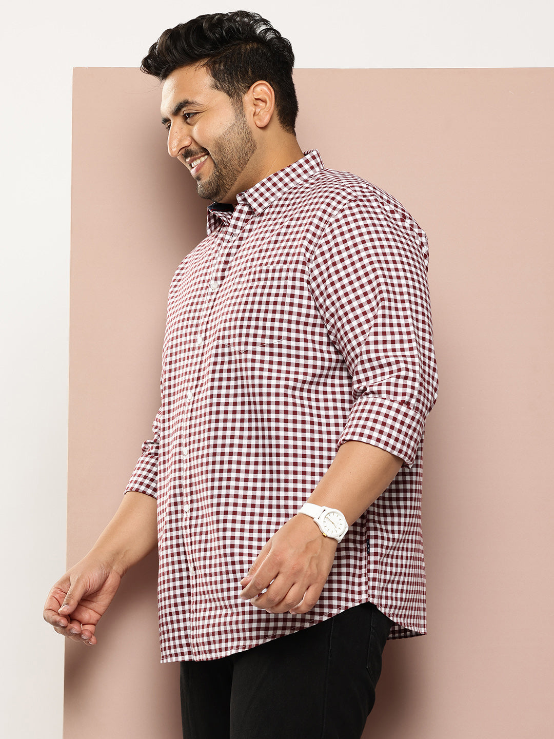 Thomas Scott Men Maroon Plus Size Regular Fit Long Sleeves Gingham Checks Woven Shirt