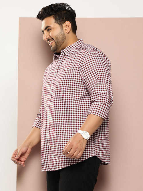 Thomas Scott Men Maroon Plus Size Regular Fit Long Sleeves Gingham Checks Woven Shirt