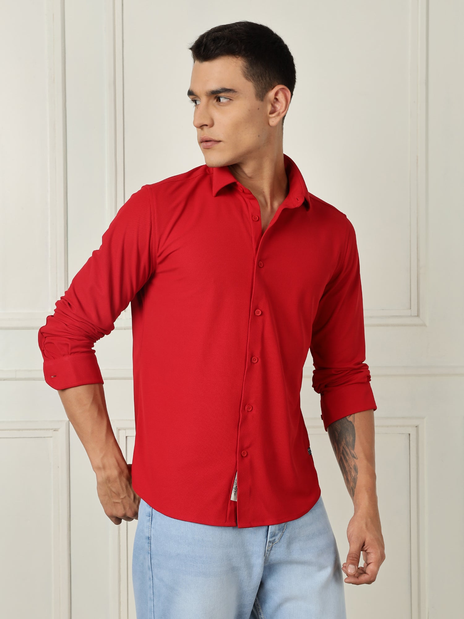 Thomas Scott Men Red Premium Slim Fit Long Sleeves 4 Way Stretch CoolMax Knitted Casual Shirt