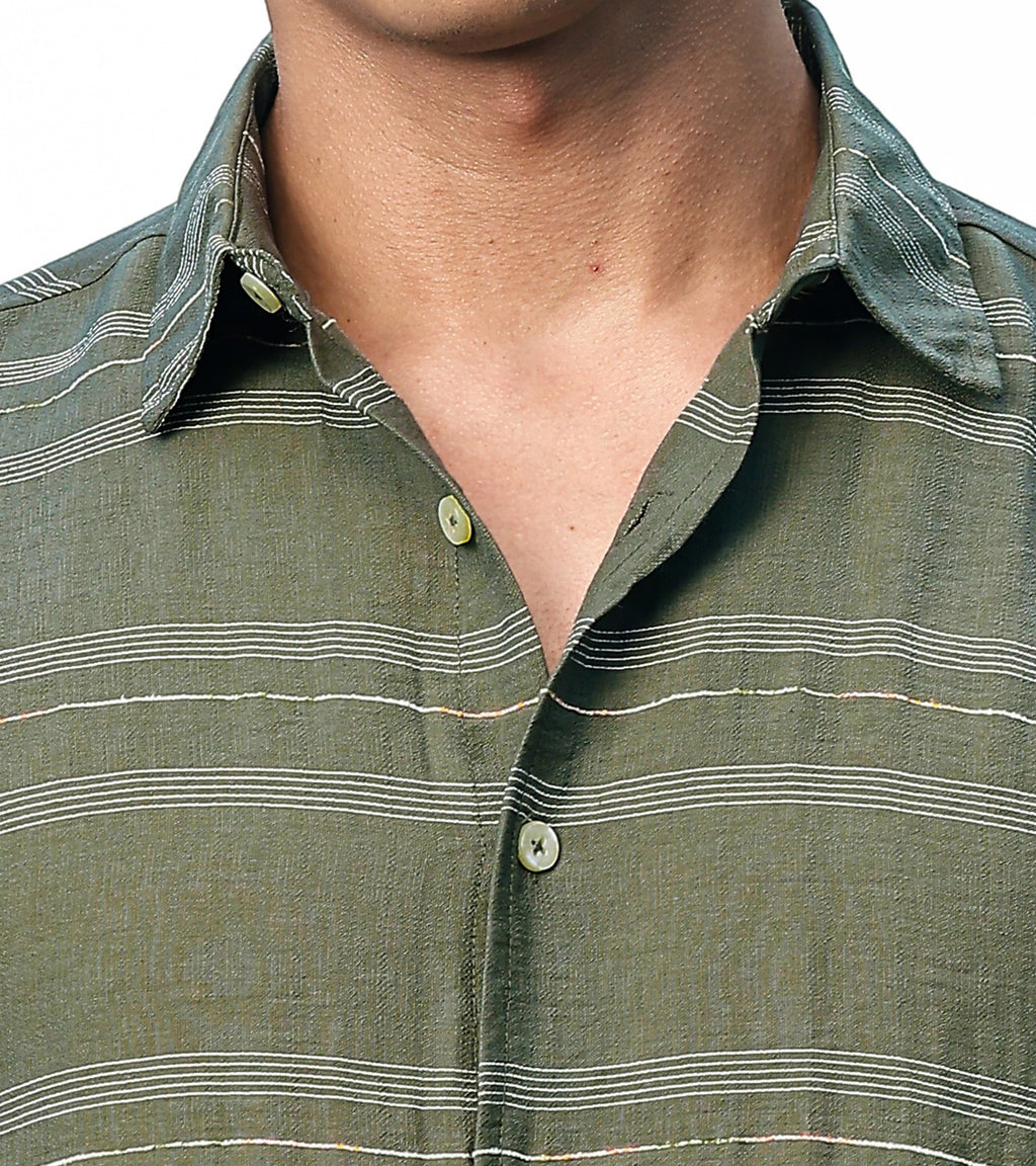 Thomas Scott Men Olive Slim Fit Long Sleeves Horizontal Stripes Casual Shirt