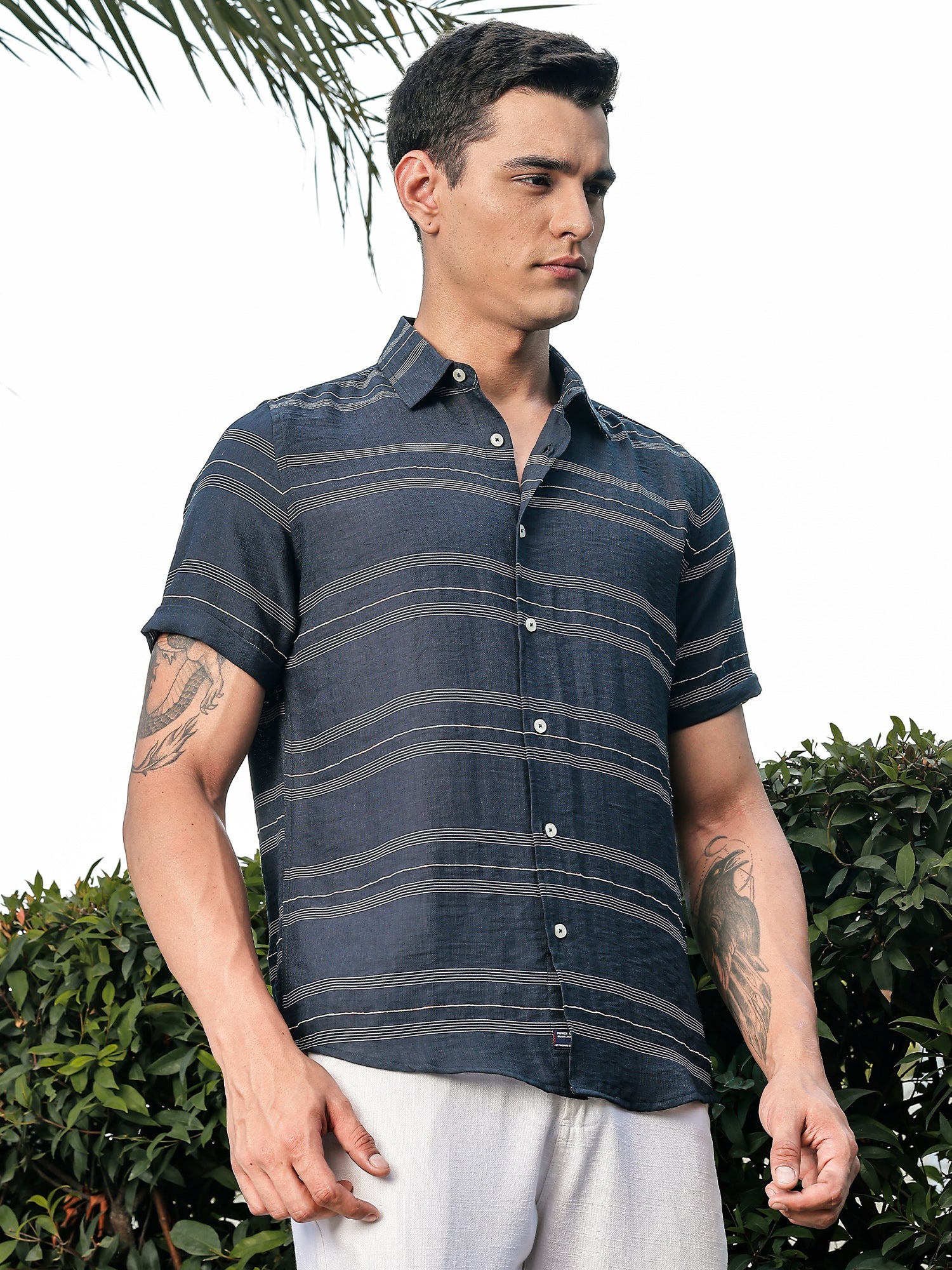 Thomas Scott Men Peacock Slim Fit Short Sleeves Horizontal Stripes Woven Casual Shirt