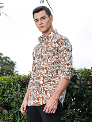 Thomas Scott Men Brown Regular Fit Long Sleeves Geometric Print Pure Cotton Casual Shirt