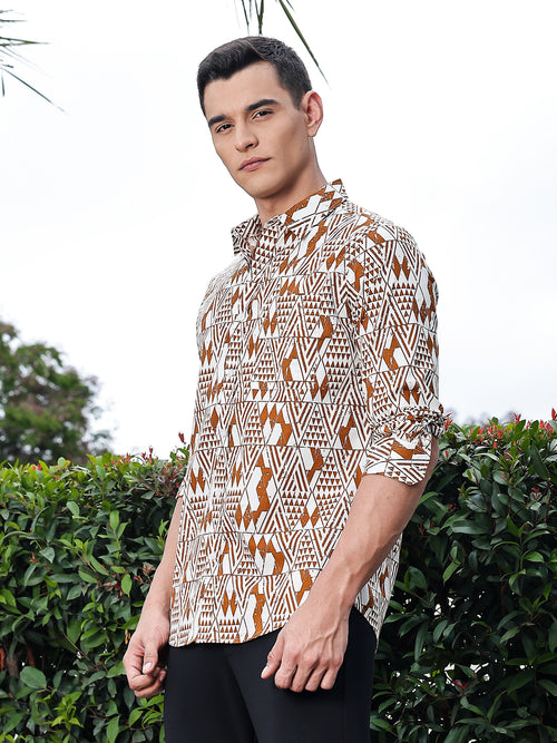 Thomas Scott Men Brown Regular Fit Long Sleeves Geometric Print Pure Cotton Casual Shirt