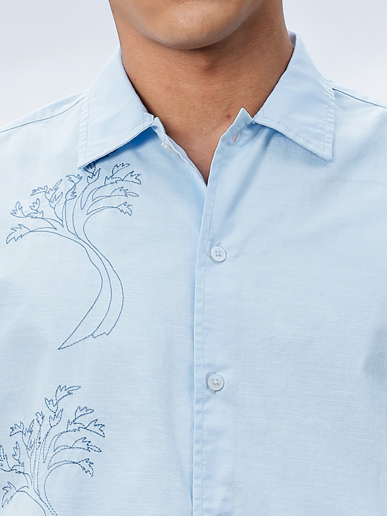 Thomas Scott Men SkyBlue Regular Fit Short Sleeves Spread Collar Embroidered Shirt