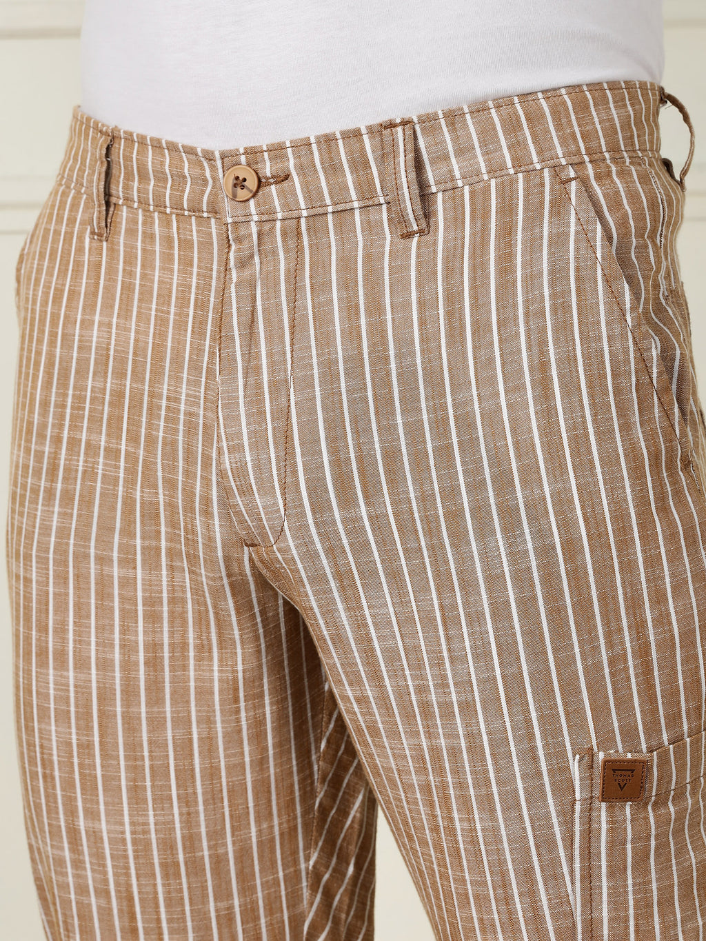 Thomas Scott Men Beige Mid-Rise Straight Fit Striped Linen Trouser