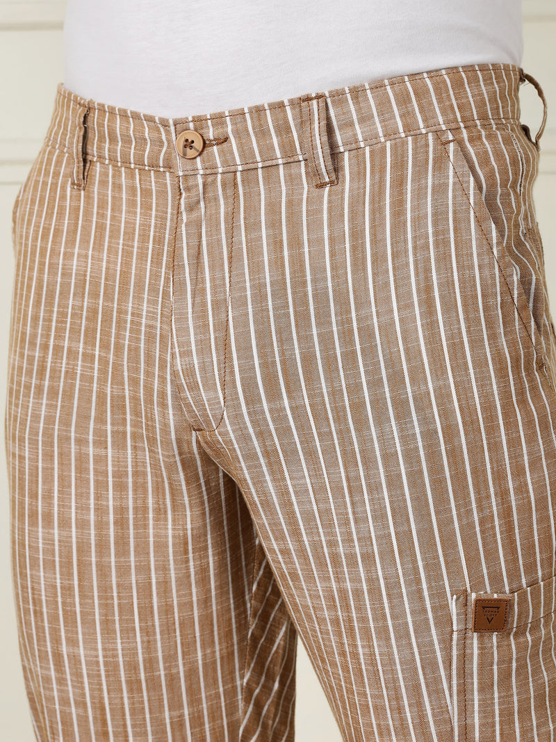Thomas Scott Men Beige Mid-Rise Straight Fit Striped Linen Trouser