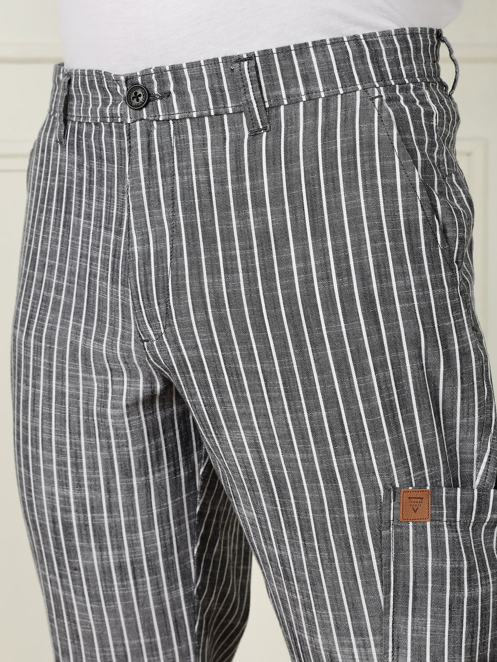 Thomas Scott Men Black Mid-Rise Straight Fit Striped Linen Trouser