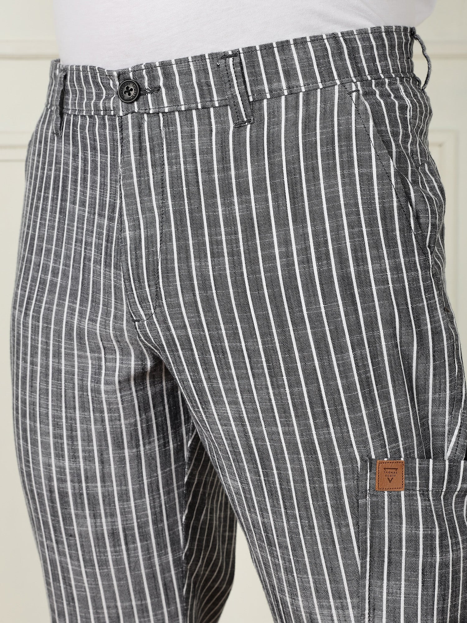 Thomas Scott Men Black Mid-Rise Straight Fit Striped Linen Trouser