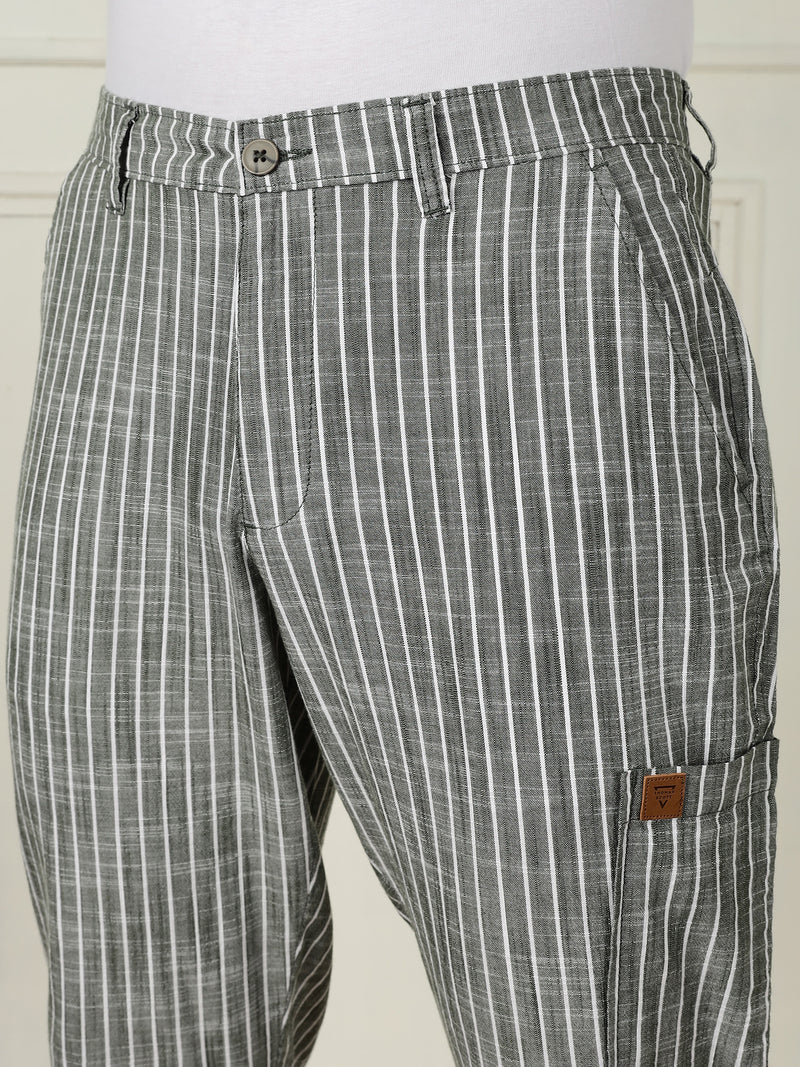 Thomas Scott Men Green Mid-Rise Straight Fit Striped Linen Trouser