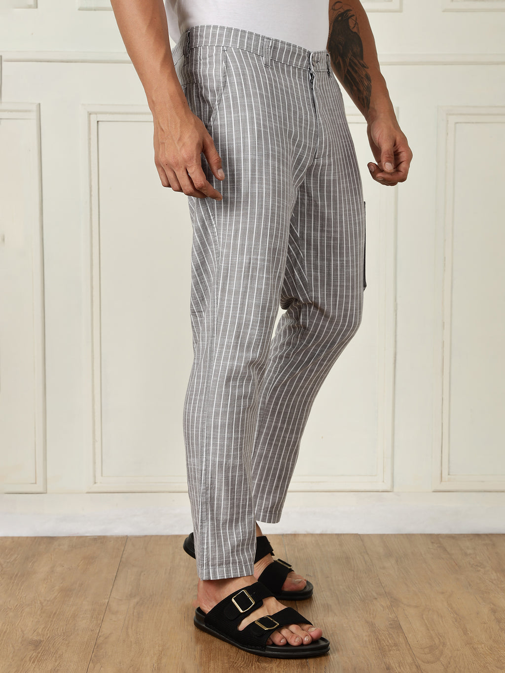 Thomas Scott Men Grey Mid-Rise Straight Fit Striped Linen Trouser