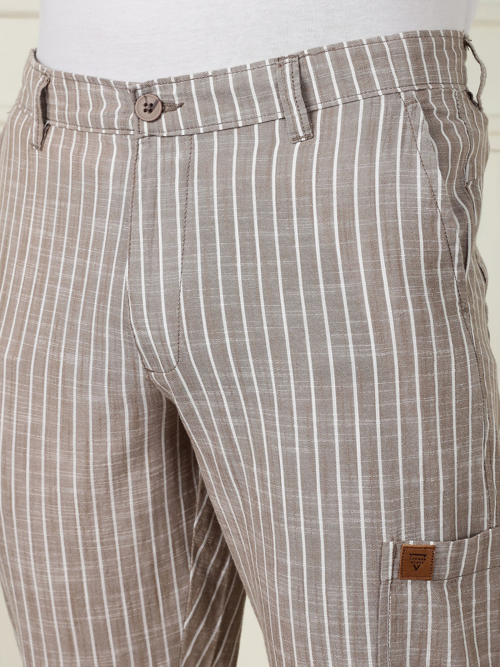Thomas Scott Men Light Brown Mid-Rise Straight Fit Striped Linen Trouser