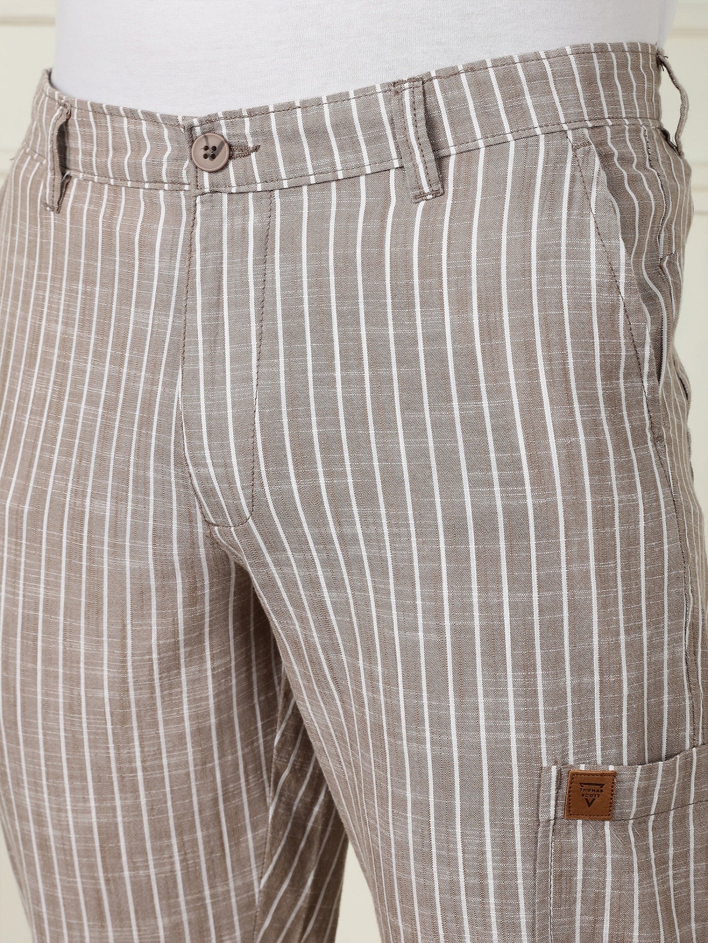 Thomas Scott Men Light Brown Mid-Rise Straight Fit Striped Linen Trouser