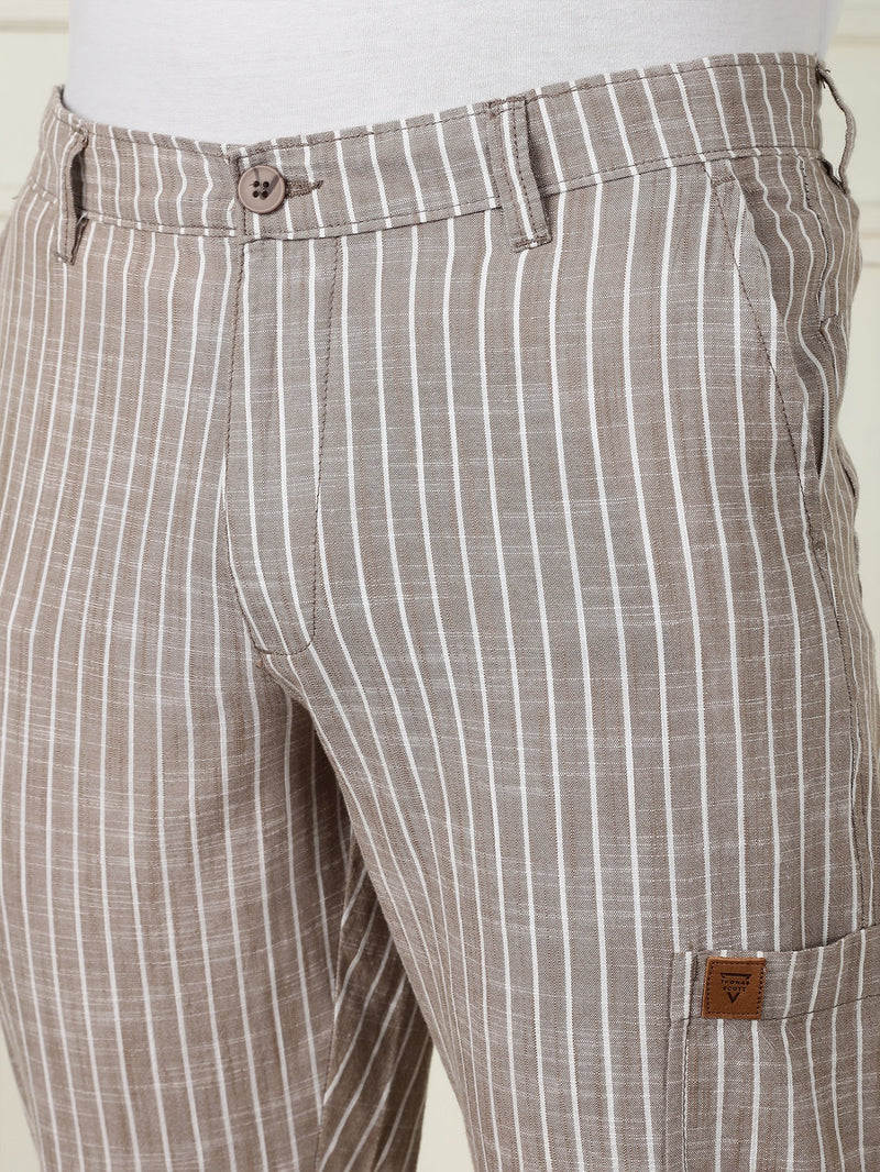 Thomas Scott Men Light Brown Mid-Rise Straight Fit Striped Linen Trouser