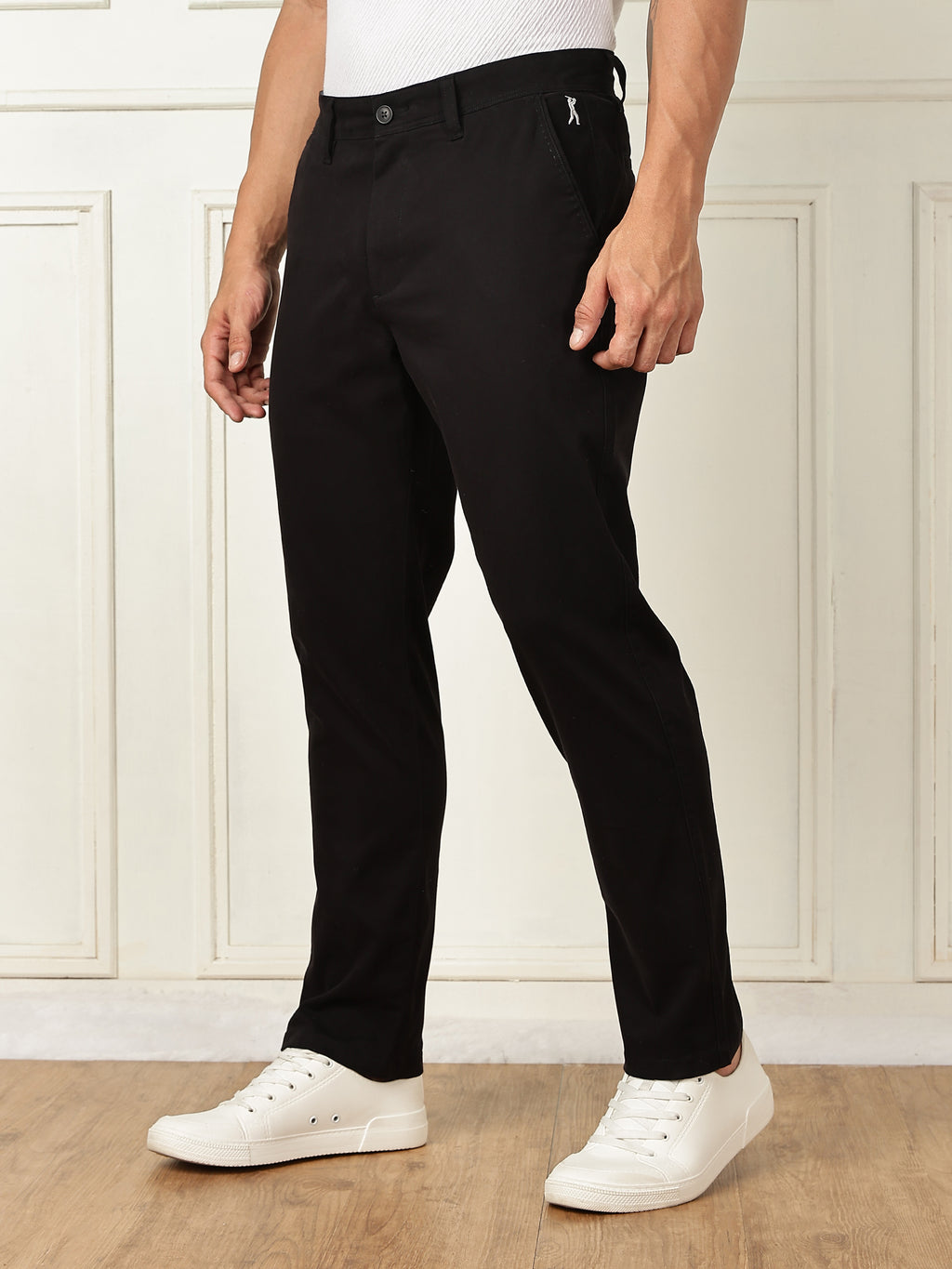 Thomas Scott Men Black Mid-Rise Straight Fit Solid Woven Chinos Trouser