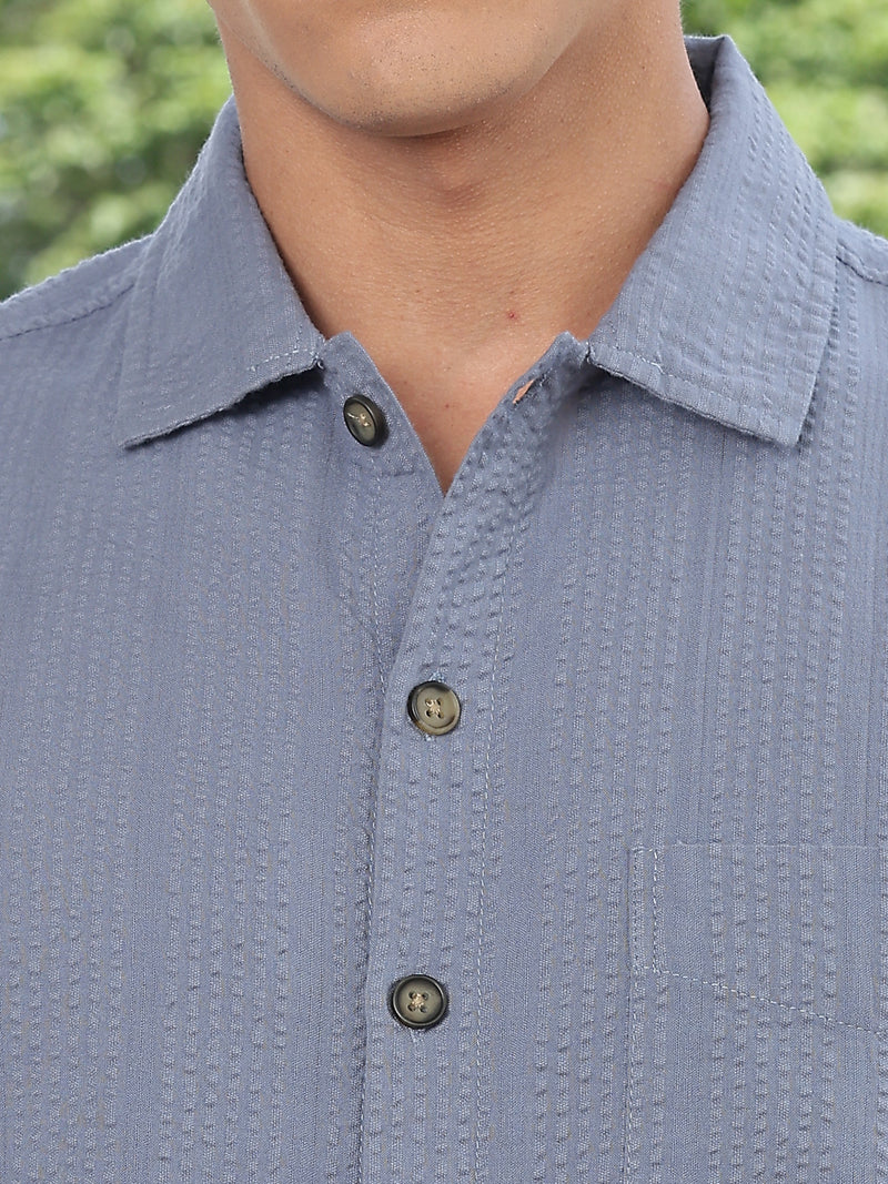 Thomas Scott Men Mid Blue Slim Fit Short Sleeves Self Design Seersucker Shirt