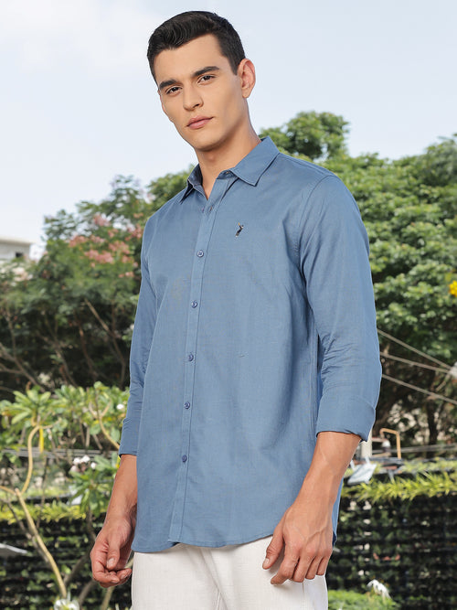 Thomas Scott Men Blue Slim Fit Long Sleeves Spread Collar Linen Casual Shirt