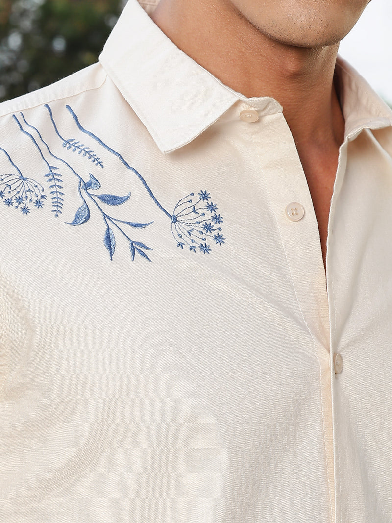 Thomas Scott Men Beige Regular Fit Long Sleeves Spread Collar Oxford Embroidered Shirt