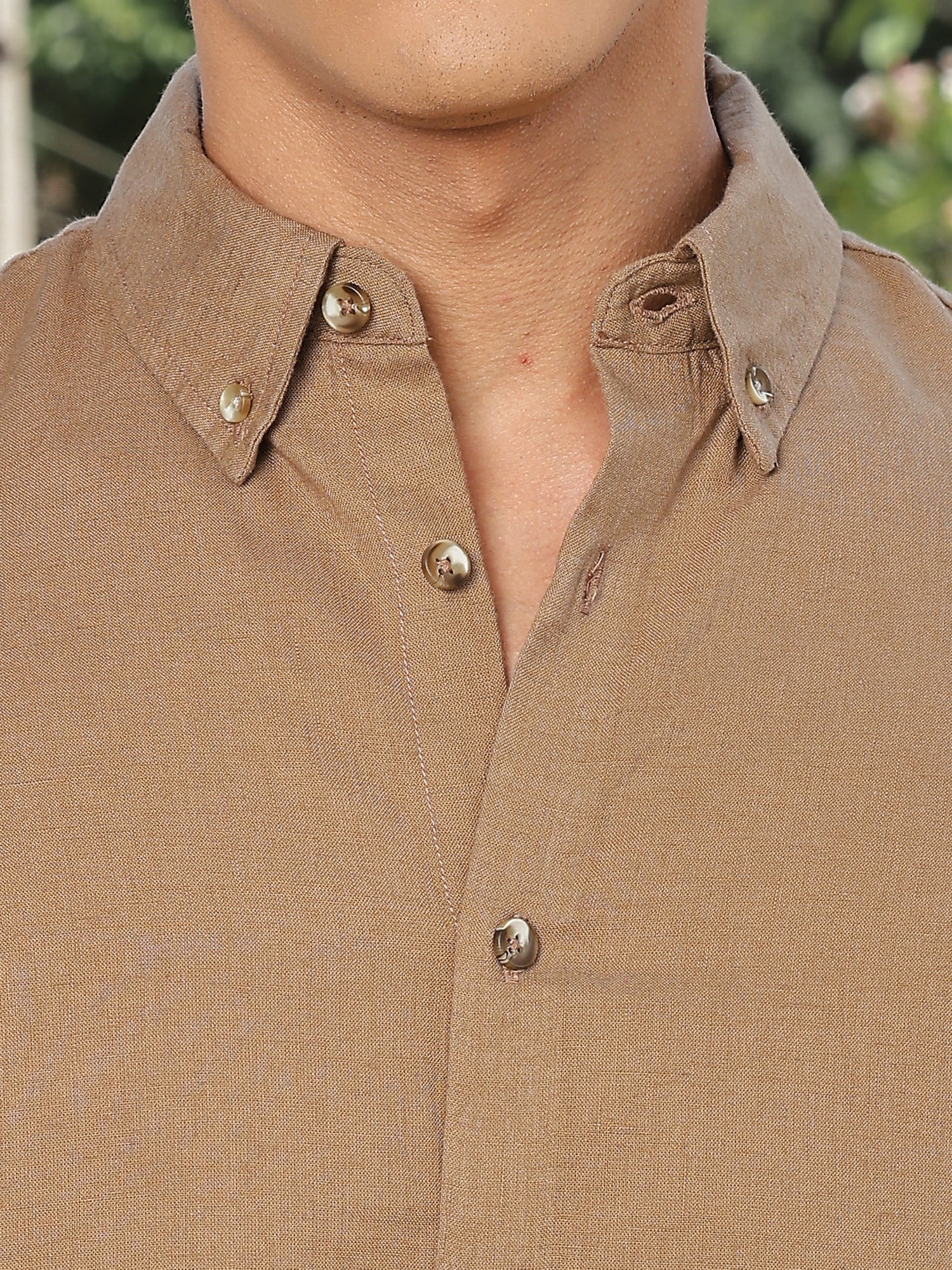 Thomas Scott Men Brown Slim Fit Long Sleeves Button-Down Collar Lyocel Linen Casual Shirt