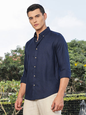 Thomas Scott Men Navy Slim Fit Long Sleeves Button-Down Collar Lyocel Linen Casual Shirt