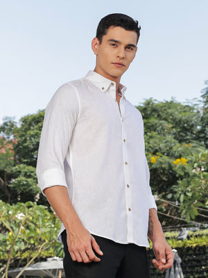Thomas Scott Men White Slim Fit Long Sleeves Button-Down Collar Lyocel Linen Casual Shirt