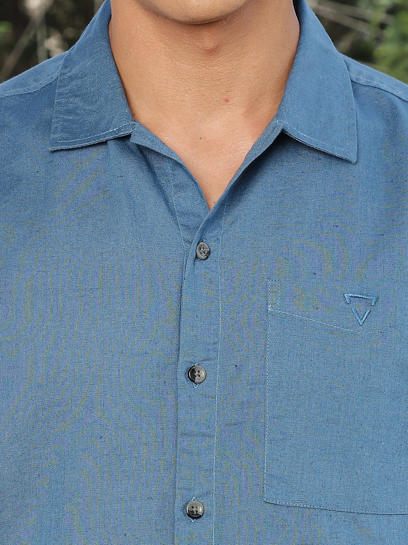 Thomas Scott Men Dark Blue Short Sleeves Oversized Cotton Linen Casual Shirt
