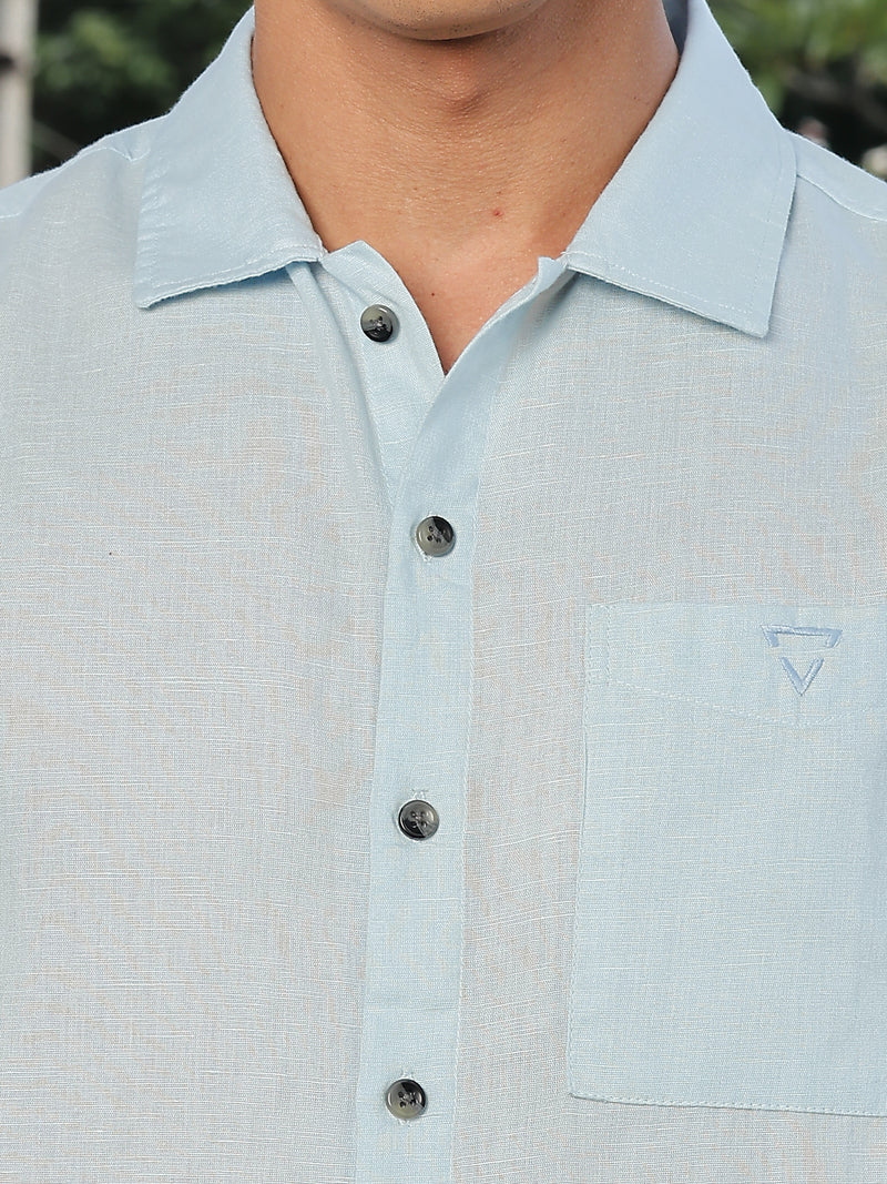Thomas Scott Men Sky Blue Short Sleeves Oversized Cotton Linen Casual Shirt