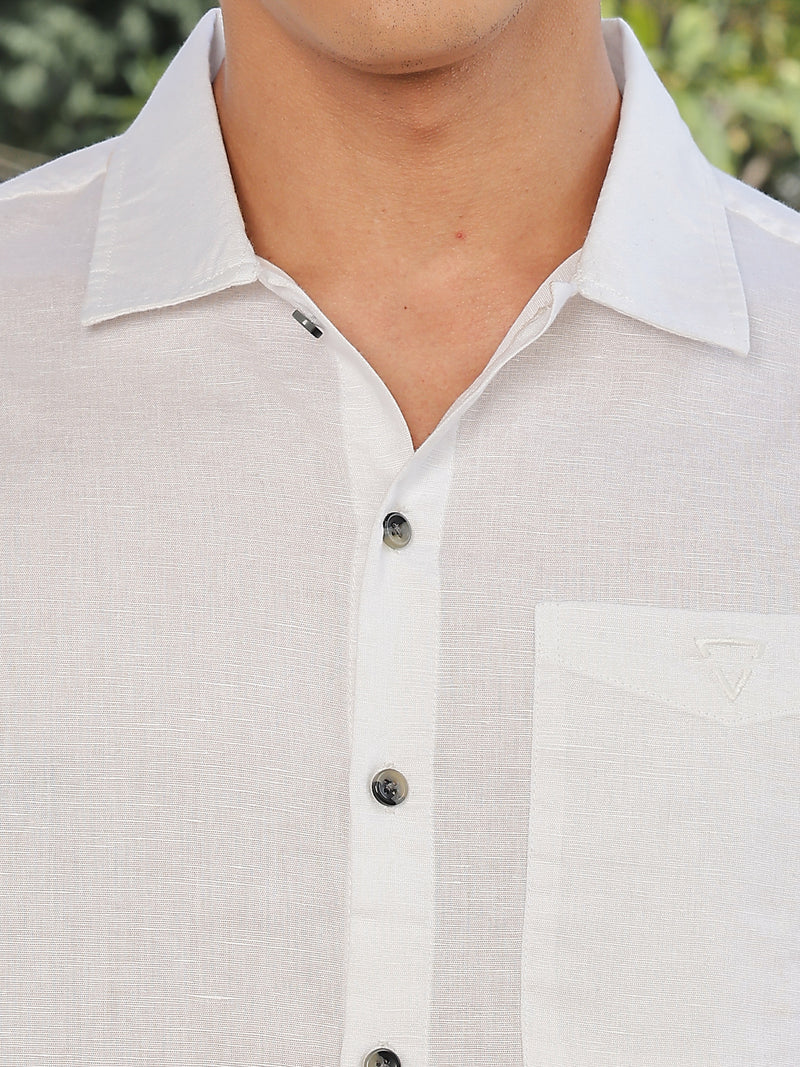 Thomas Scott Men White Short Sleeves Oversized Cotton Linen Casual Shirt