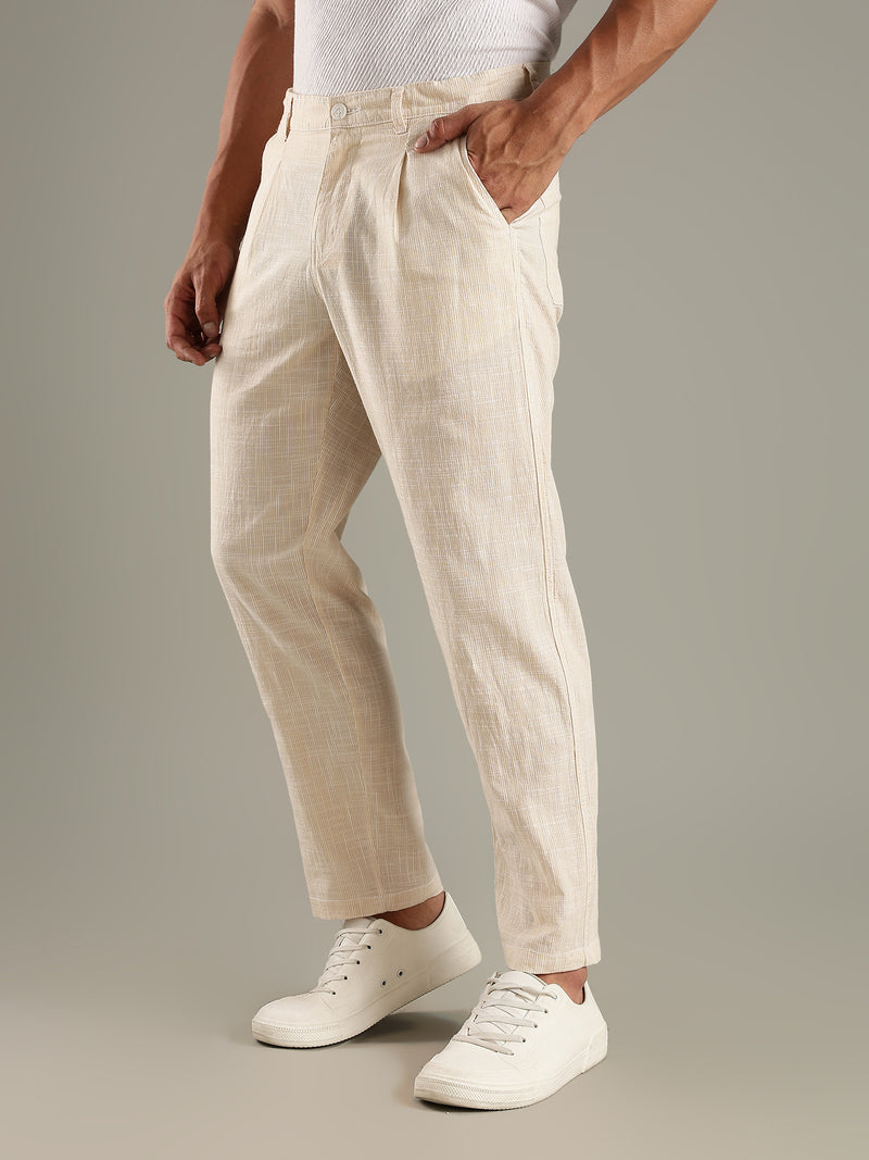 Thomas Scott Men Beige Straight Fit Mid-Rise Sriped Linen Trouser