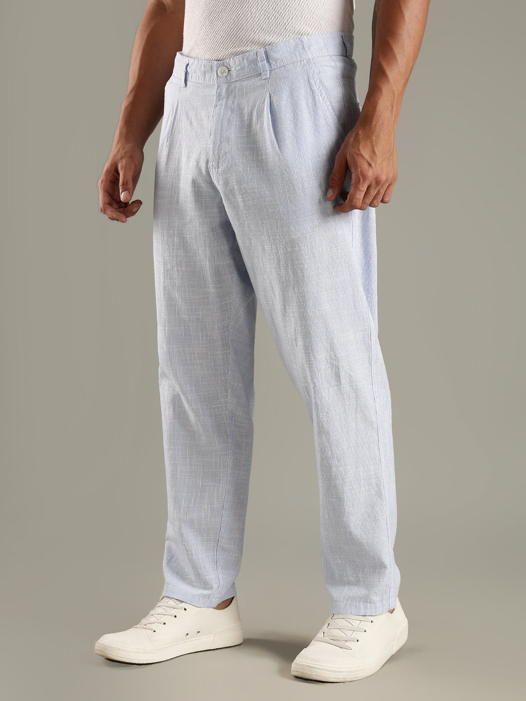 Thomas Scott Men Blue Straight Fit Mid-Rise Sriped Linen Trouser