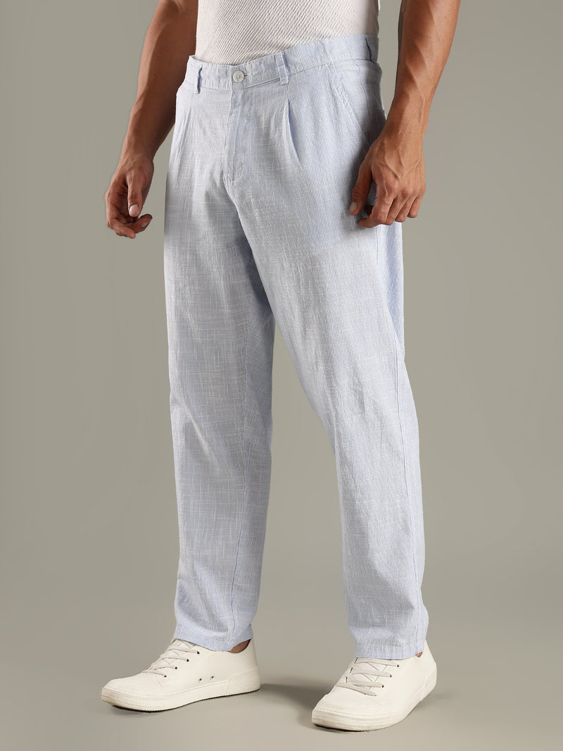 Thomas Scott Men Blue Straight Fit Mid-Rise Sriped Linen Trouser