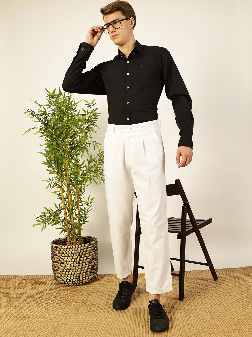 Thomas Scott Men Solid Smart Straight Fit Easy Wash Pleated Chinos Trousers