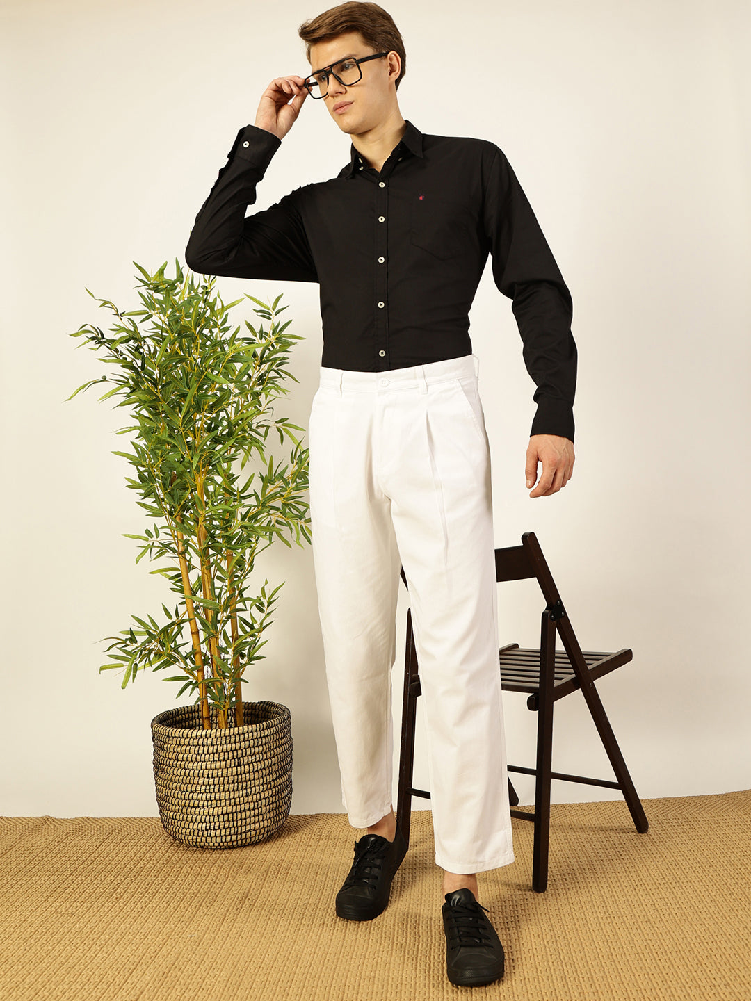 Thomas Scott Men Solid Smart Straight Fit Easy Wash Pleated Chinos Trousers