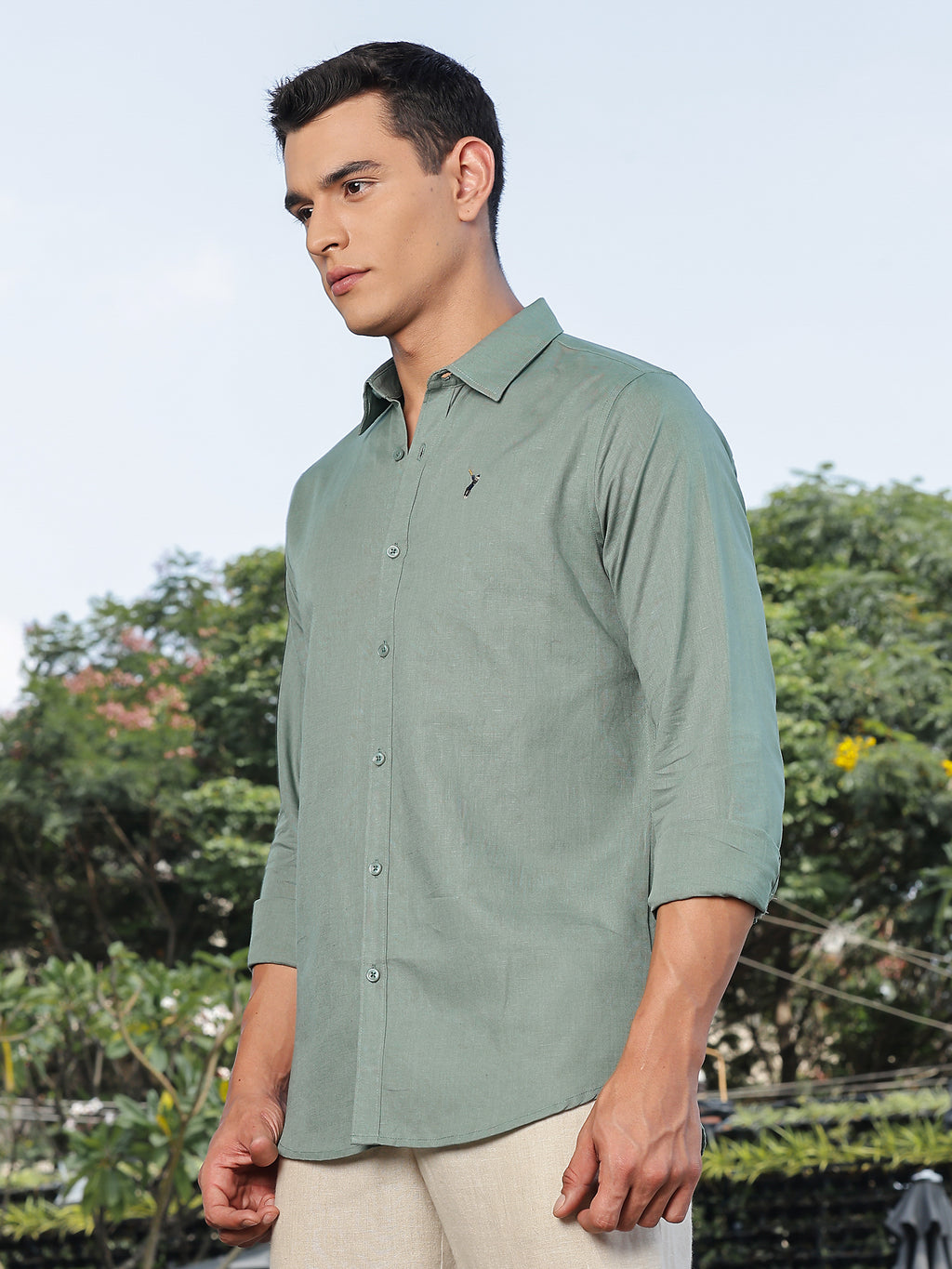 Thomas Scott Men Green Slim Fit Long Sleeves Spread Collar Linen Casual Shirt
