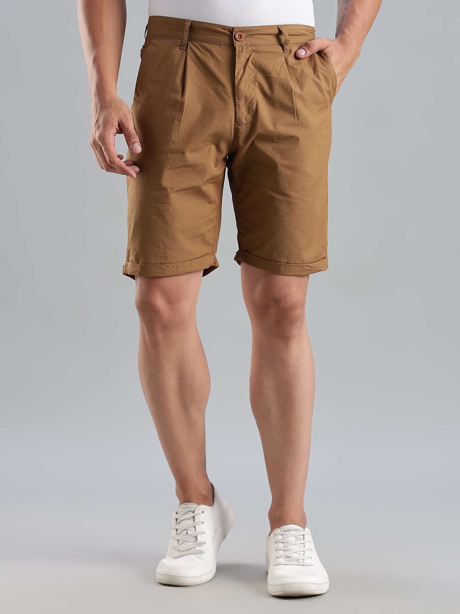 Thomas Scott Men Khaki Mid-Rise Regular Fit Solid Cotton Shorts
