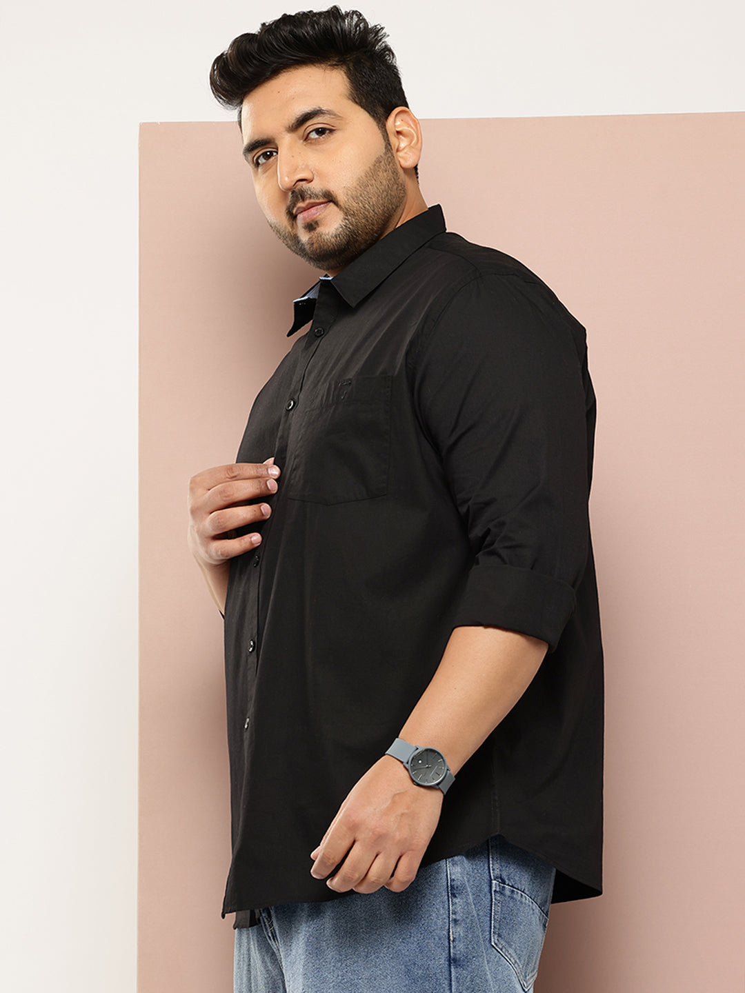 Thomas Scott Men Black Plus Size Regular Fit Long Sleeves Spread Collar Casual Shirt