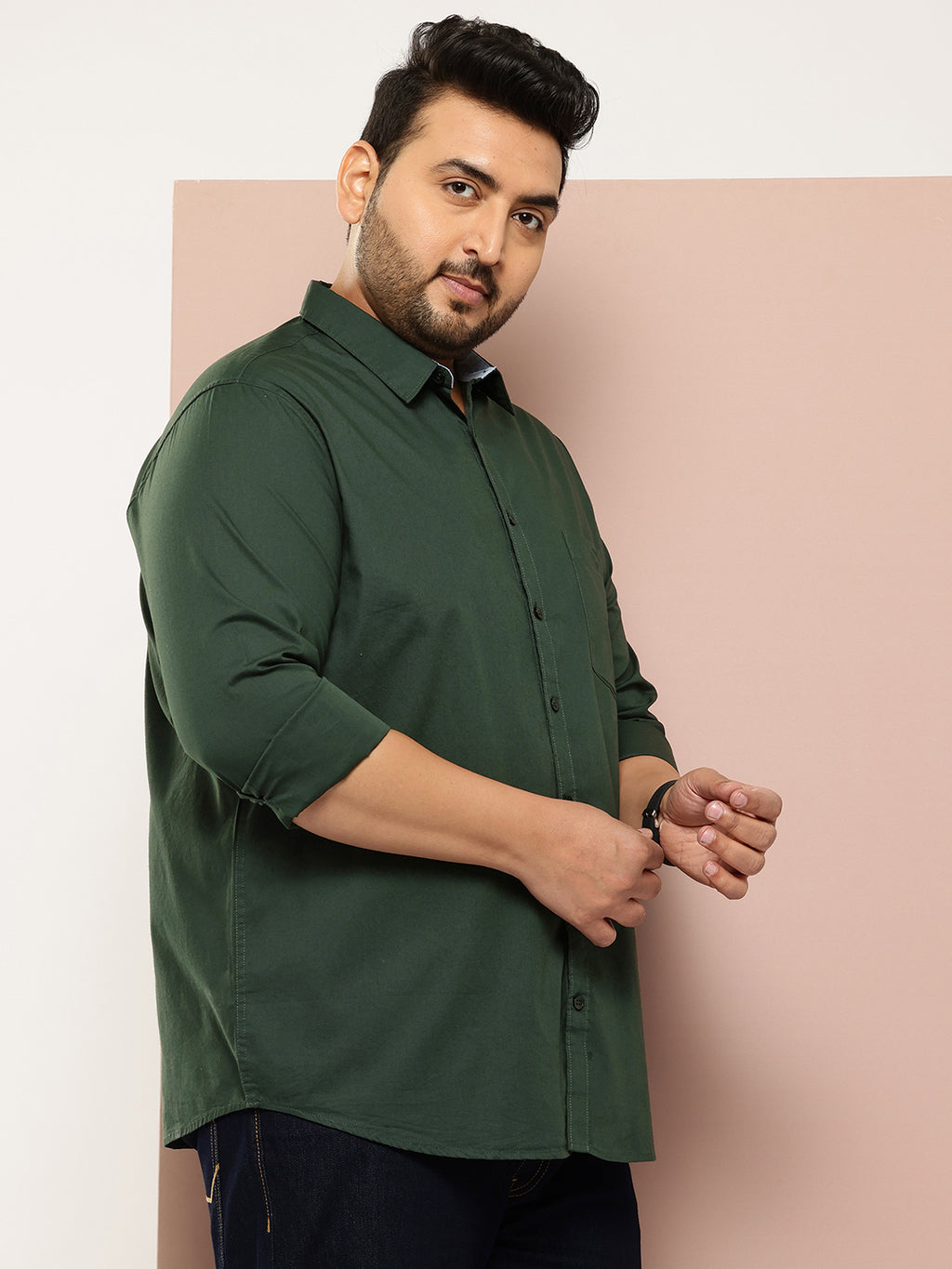 Thomas Scott Men Bottle Green Plus Size Regular Fit Long Sleeves Spread Collar Casual Shirt