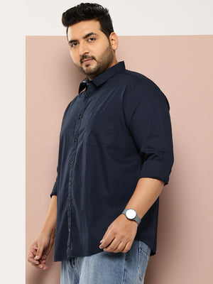 Navy Plus Size Regular Fit Long Sleeves Spread Collar Casual Shirt For Men
