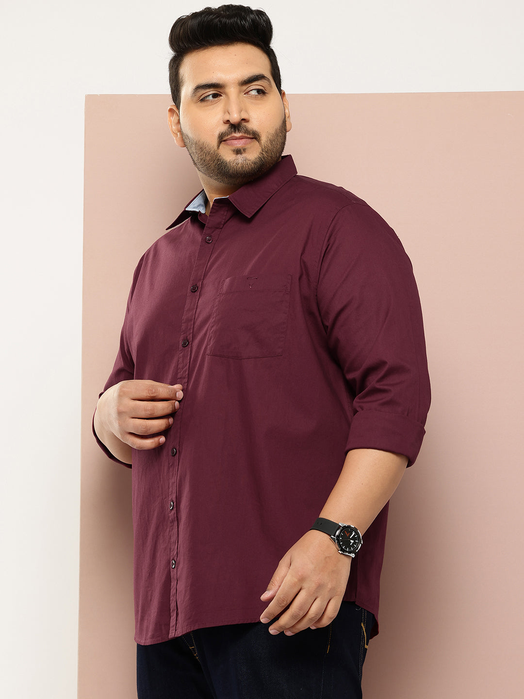 Thomas Scott Men Wine Plus Size Regular Fit Long Sleeves Spread Collar Casual Shirt