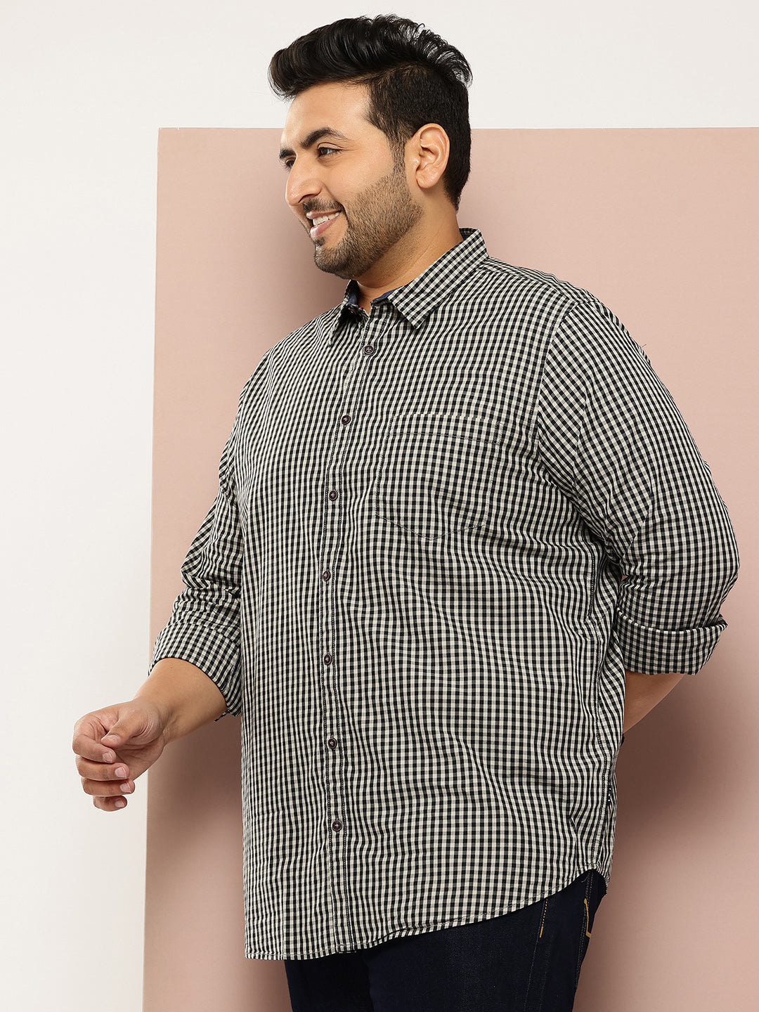 Thomas Scott Men Black Plus Size Regular Fit Long Sleeves Gingham Checks Woven Casual Shirt